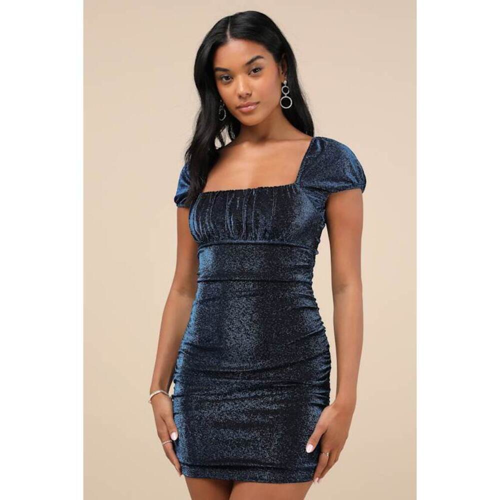 ✨NWT✨ Lulus Absolute Radiance Sparkly Blue Ruched Puff Sleeve Mini Dress